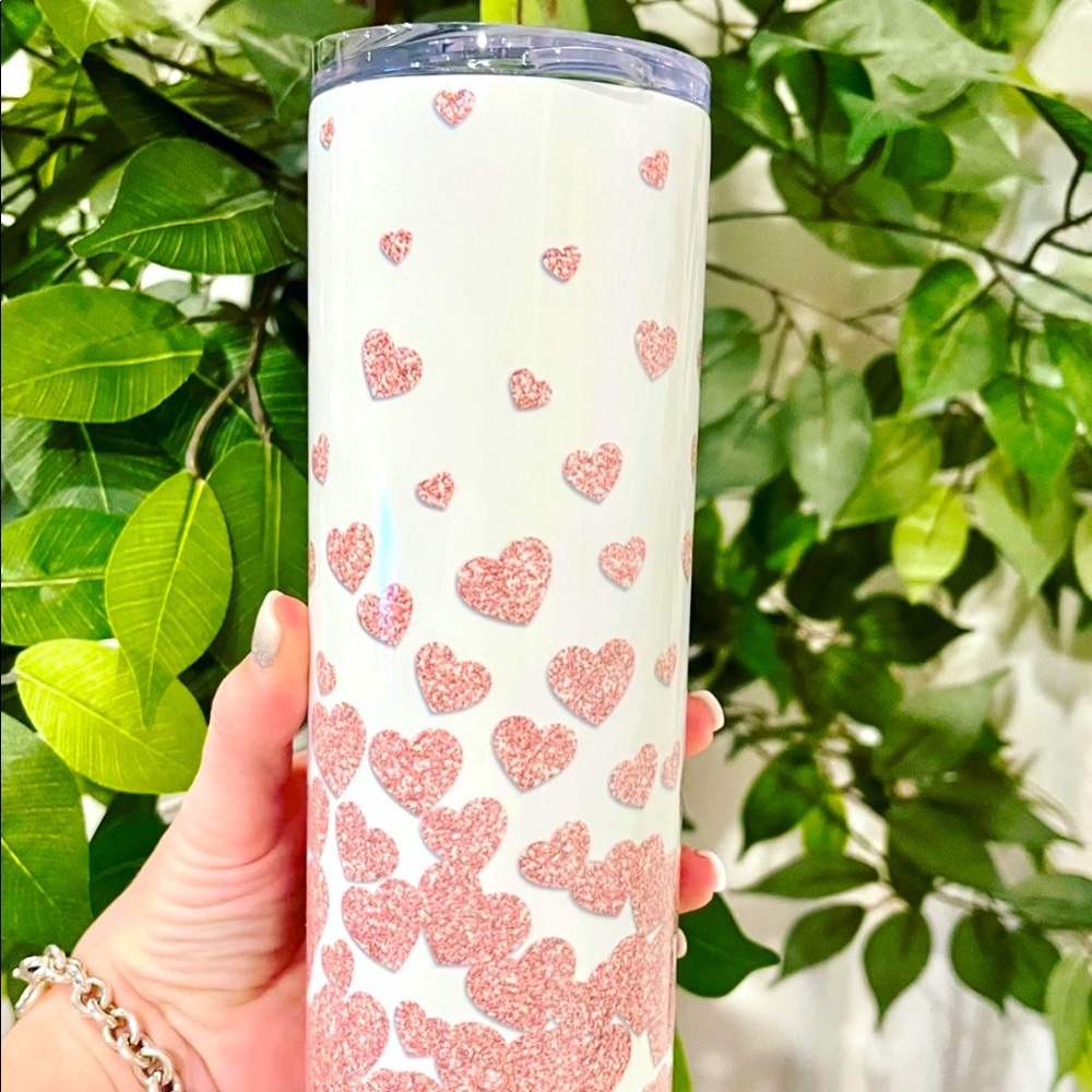 Custom made Cascading pink hearts 20oz skinny tumbler. NEW!